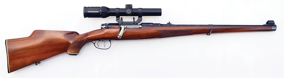 Mannlicher-Schönauer Model 56 chambered in 257 Roberts, fitted with a Griffin & Howe detachable scope mount and Schmidt & Bender Zenith 1.1-4x 24mm scope. With the Roberts, Wieland would prefer a 22-inch or even a 24-inch barrel. You can’t have everything.